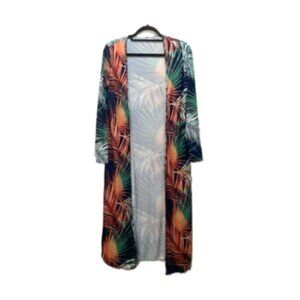 EXQUISITE Womens S Navy Longline Kimono Duster Tropical Hawaiian Lightweight